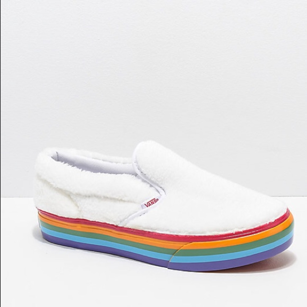 Vans Slip-On Shearling Rainbow Platform Sneakers - Picture 2 of 7